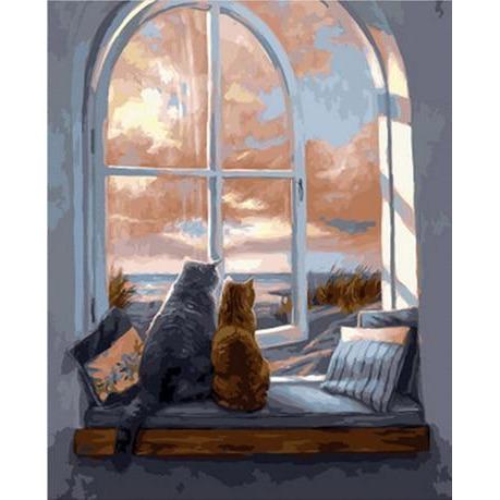 Malowanie po numerach Koty przed oknem - Malowanie po numerach ekspert