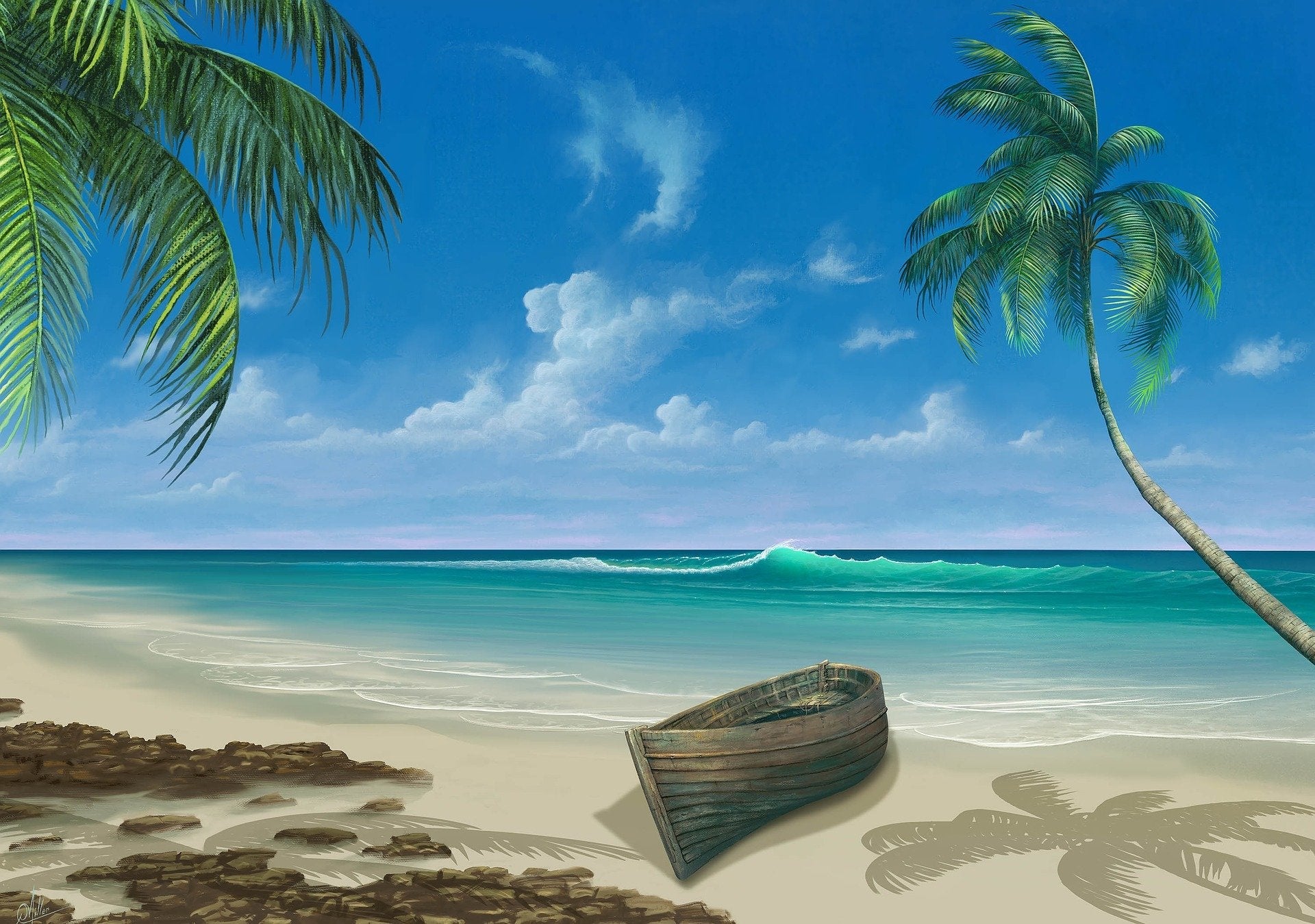 Malowanie po numerach Plaża z łodzią i morzem - Malowanie po numerach ekspert