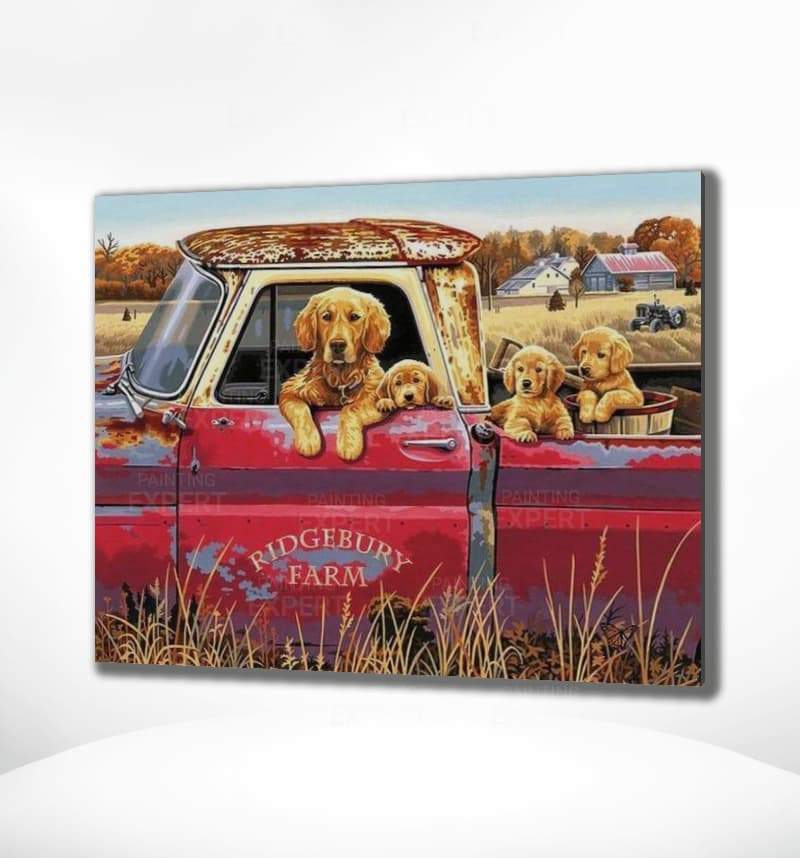 Malowanie po numerach Psy w czerwonym samochodzie - Malowanie po numerach ekspert